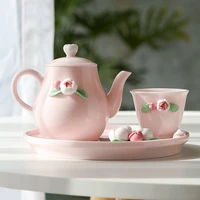 pink teapot teacup hand kneaded flower ceramic tea cup kung fu tea set household white porcelain rose small teapot pot bearing