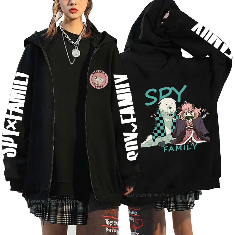 Anya Zipper Hoodie Jacket Anime Spy X Family ZipUp Jackets Black Fleece Sweatshirts Graphic Printed Hoodies Bond Long Sleeve Top