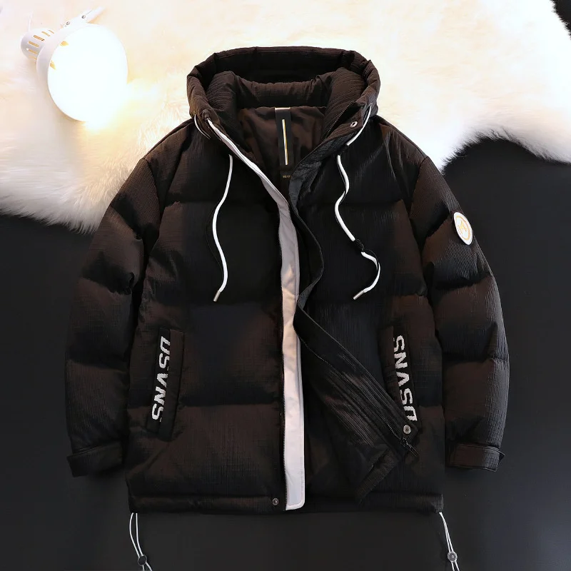 Winter Men'S New Hooded Drawstring Trend Warm Duck Down Lightweight  Short Coat Casual Cotton Padded Jacket White Blue Black