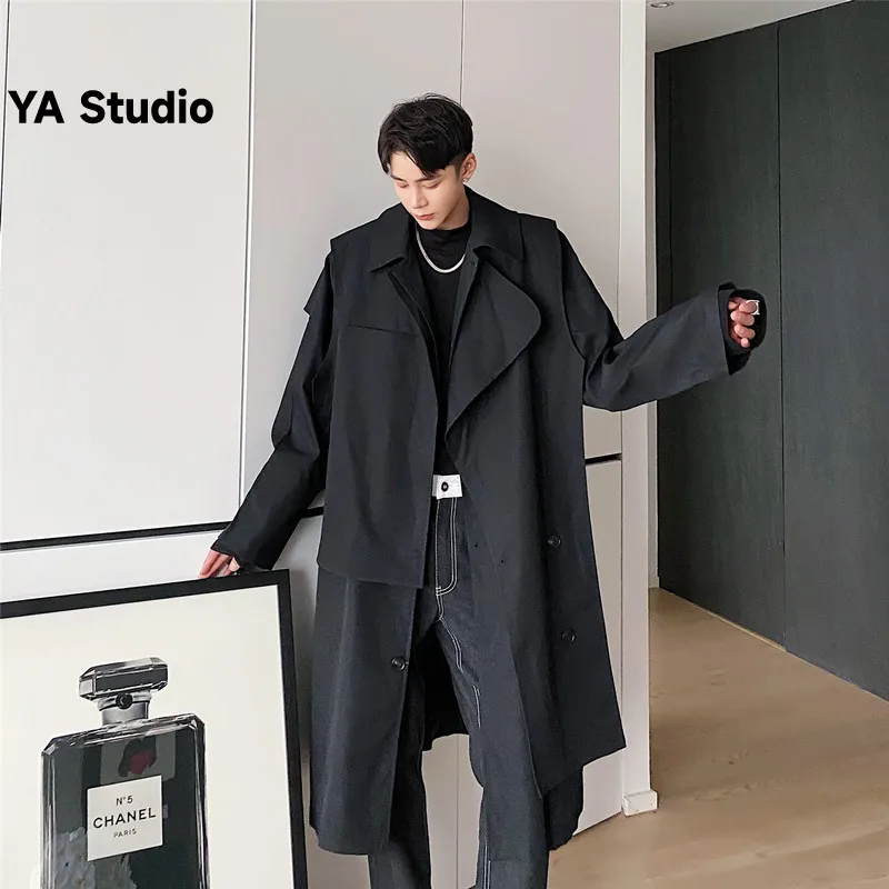 

[YA Studio] 2023 Autumn/winter Tooling Trench Coat Men's Long Design Senior Sense Personality Loose Double Front Coat