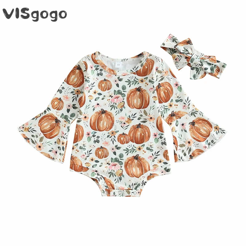 

Женский комбинезон с длинным рукавом VISgogo, Осенний комбинезон с цветочным принтом тыквы и расклешенными рукавами, комбинезон с повязкой на голову, одежда для Хэллоуина