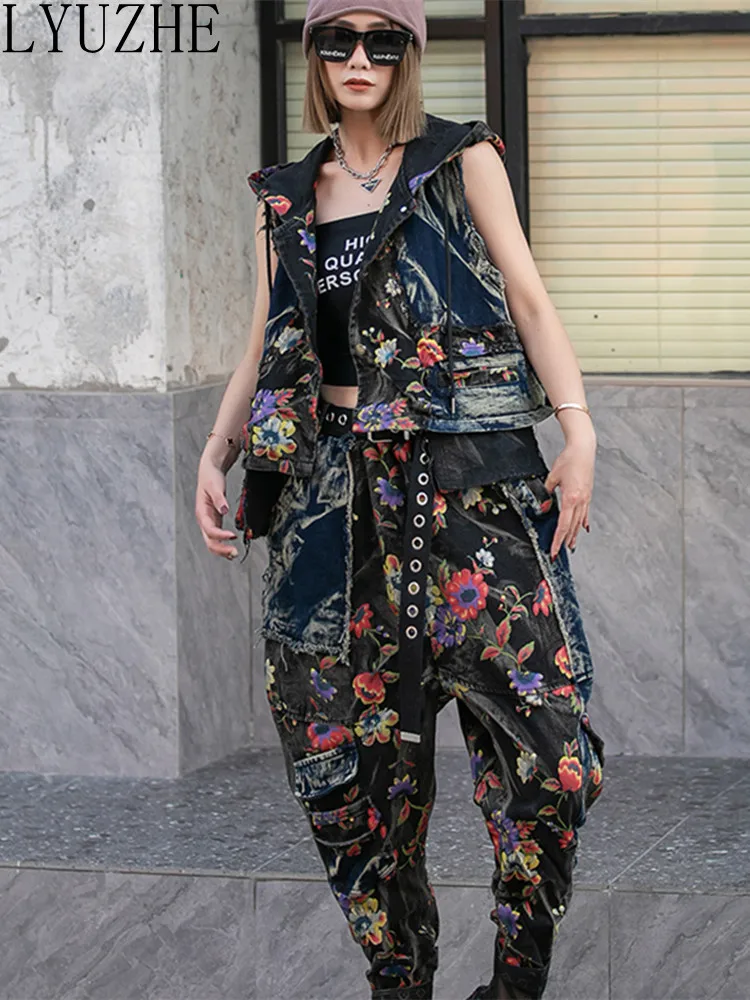 

LYUZHE Worn Contrast Print Denim Vest + Harem Pants Two-piece Set Women 2023 Spring Summer Fashion Personality Suit ZXF068