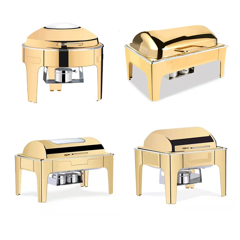 

Party Catering Equipment Buffet Set Saving Round Roll Top Chafer Luxury Gold Fuel Food Warmer Chafing Dishes