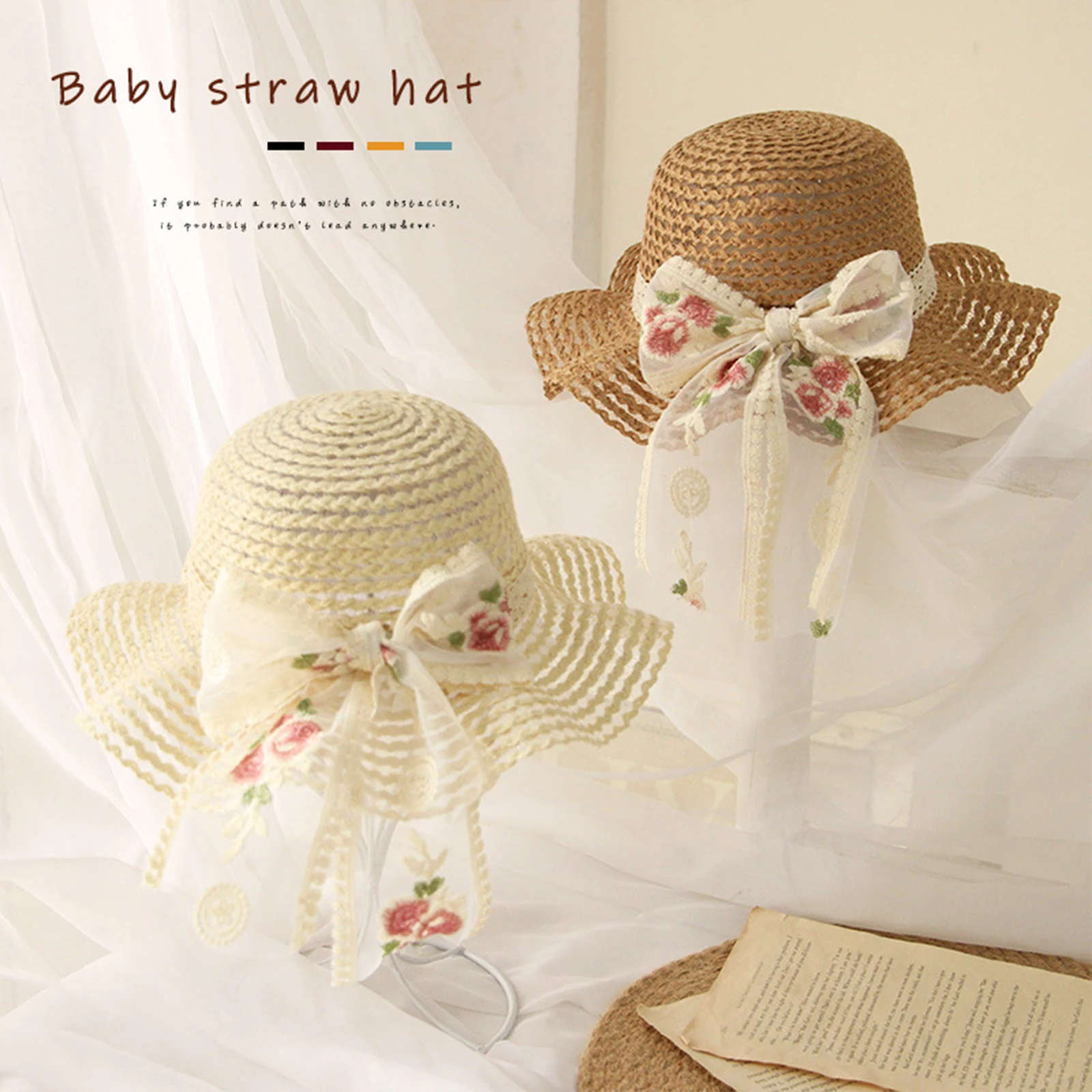 

Пляжная соломенная шляпа для девочек с большими полями, шляпа с вышитыми цветами и бантом для принцессы, декоративная пляжная шляпа от солн...