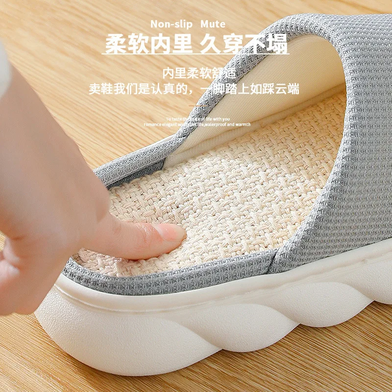 Flax Slippers General Indoor Slippers Thick-soled Non-slip Silent Warm Slippers  Womans Shoes  Shoe for Women Fluffy Slippers