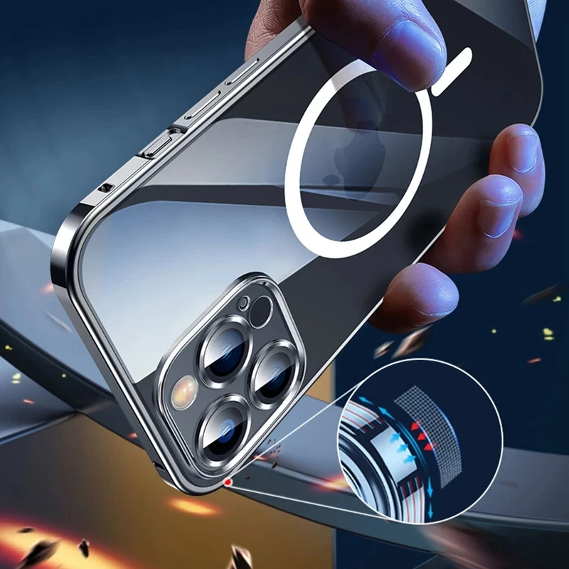 Magnetic Metal Frame Phone Case Iphone 12 13 14 Pro Max Plus Lens Protection Transparent PC Cover For Magsafe Wireless Charging