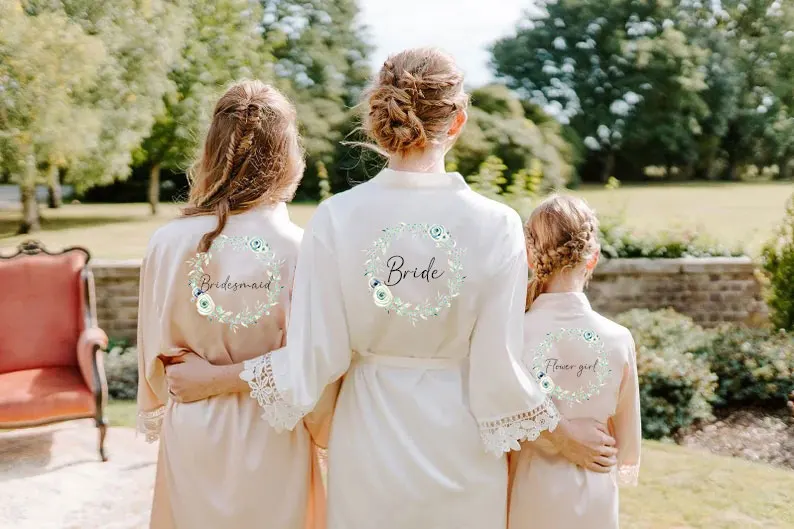 Personalised Bridesmaid Robes Wedding Dressing Gown Foliage Floral Bridal Robes Satin Wedding Satin Lace Detail Bridal Party New