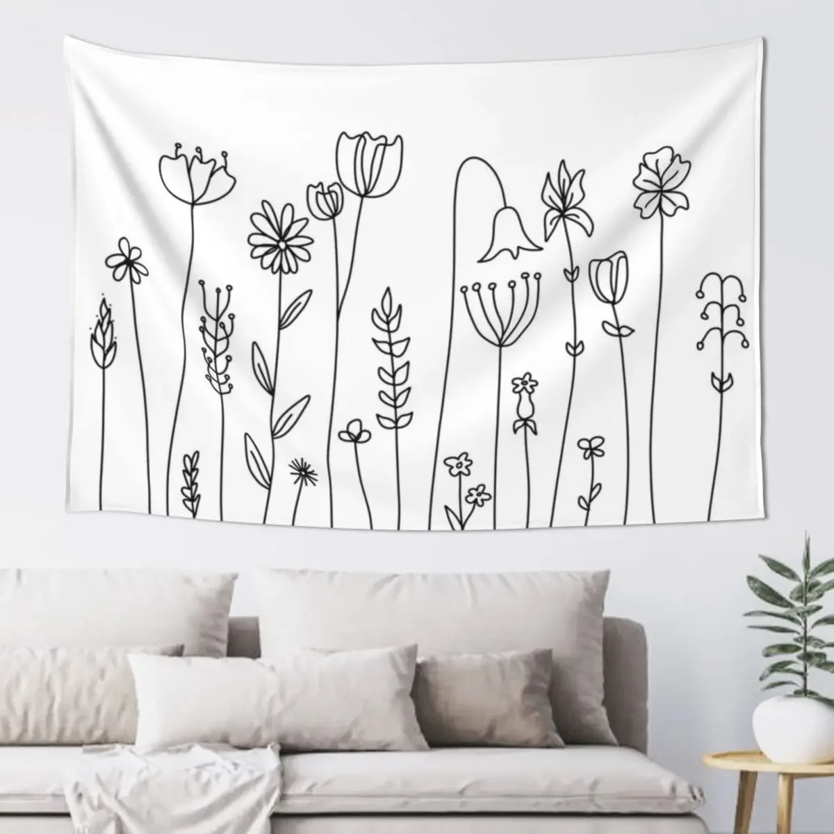 Черно-белый гобелен с рисунками цветов