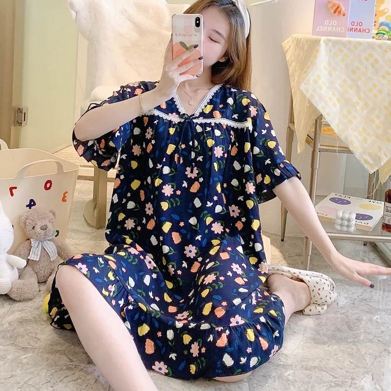 Sweet Nightgowns for Women Cute Sleepshirts V Neck Lace Trim Short Sleeve Sleepwear Soft Comfy Sleep Nightshirt Pajama Dresses