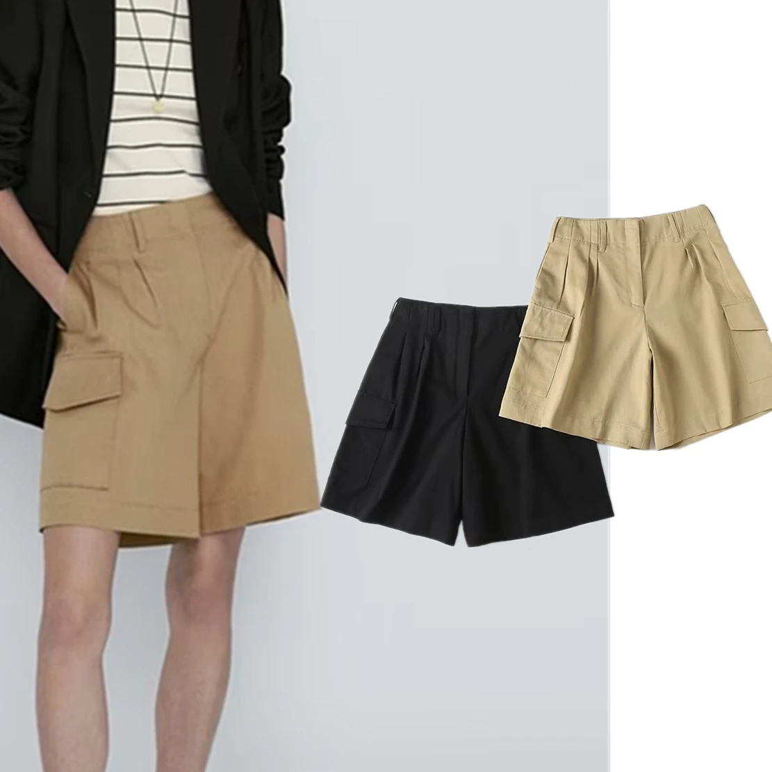 Dave&Di 2023 Summer Bermuda Ladies  Boyfriend Retro Cargo Shorts High Wasit Loose Cotton Fashion Shorts Women
