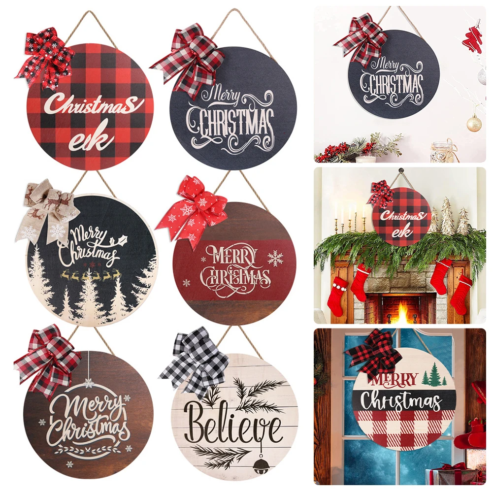 

28cm Merry Christmas Bows Wooden Sign Ornament for Xmas Tree New Year Home Door Wall Party Decor Christmas Hanging Decorations