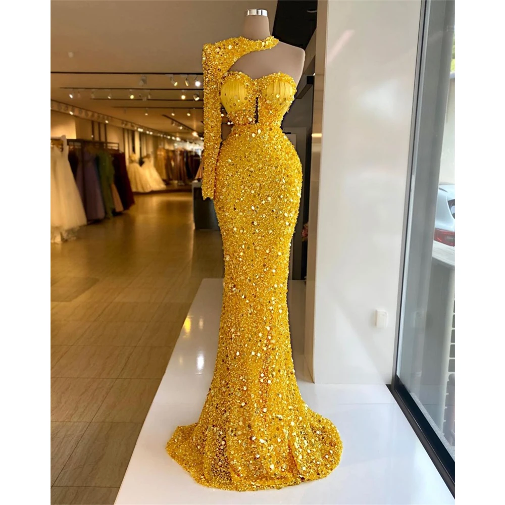 Sexy One Shoulder Shiny Yellow Sequin Beaded Crystal Mermaid Evening Dress Strap Collar Black Formal Party Prom Dress Vestidos