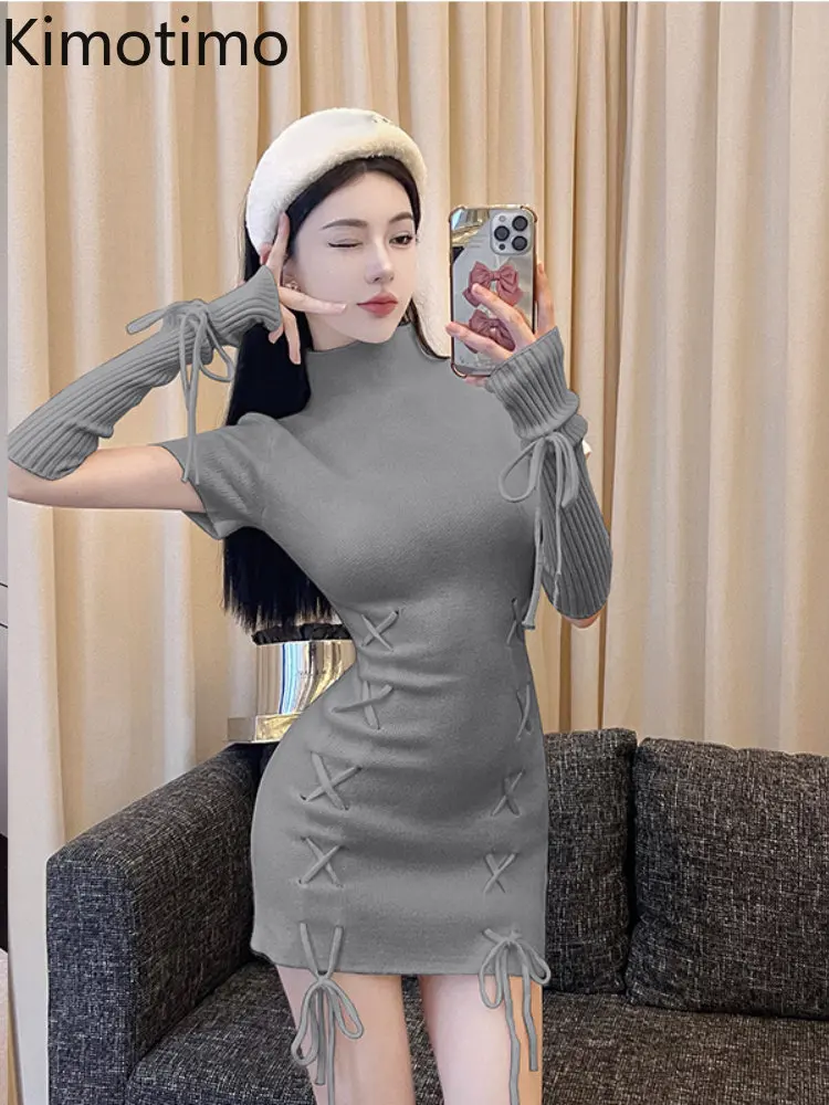 

Женское трикотажное платье Kimotimo, сезон осень-зима 2022, облегающие платья-свитеры с высоким воротником, корейский темпераментный дизайн, плат...