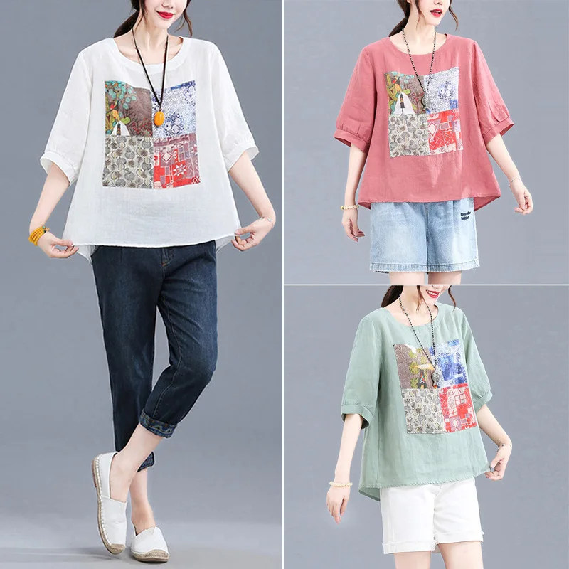 

2022 Summer New Literary Loose Cotton and Linen Printed Round Neck Short-sleeved T-shirt Women