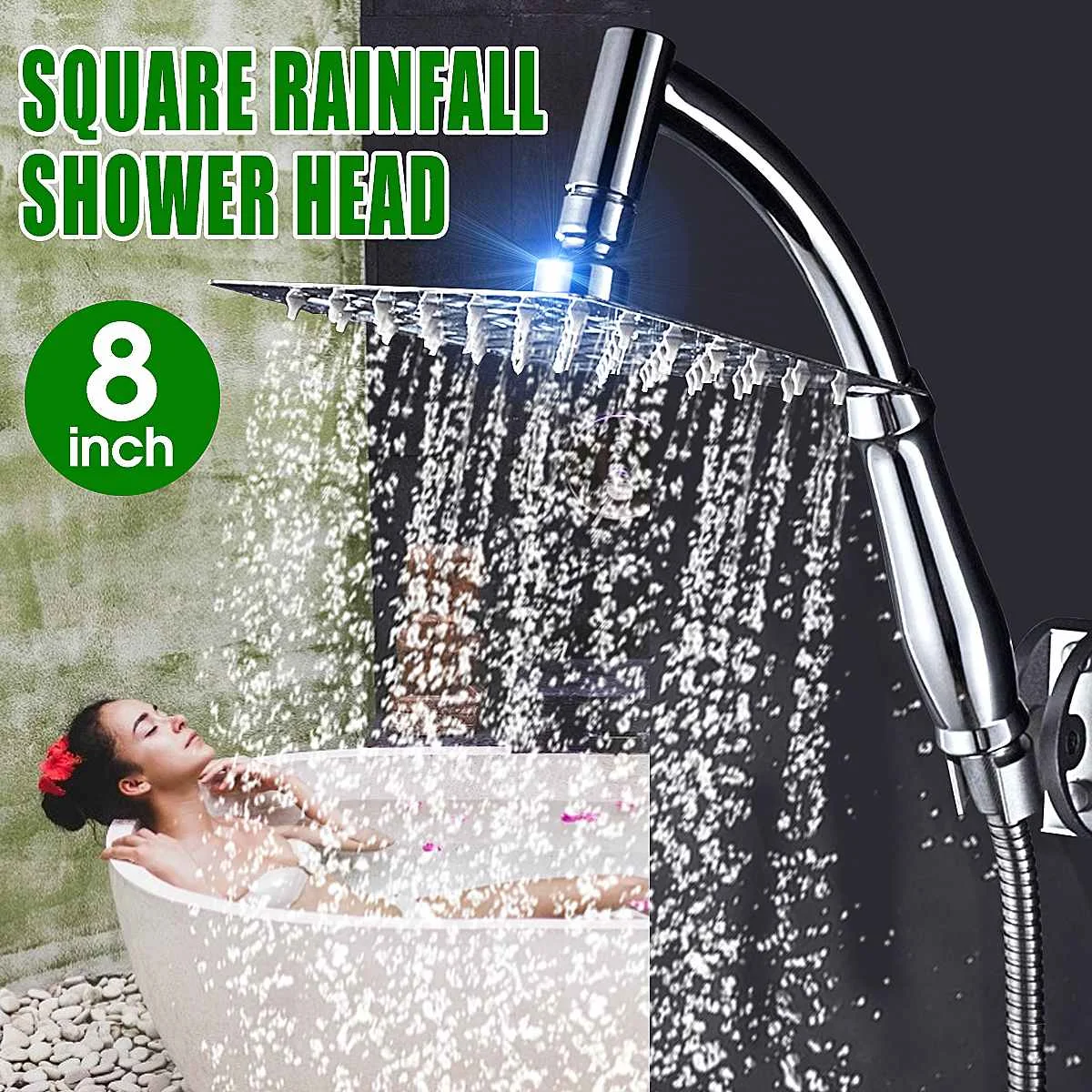 

8 Inch Square Ultra-thin Rainfall Shower Head With 1.5m Stainless Steel Hose Shower Holder Celling Mounted Shower Head Set