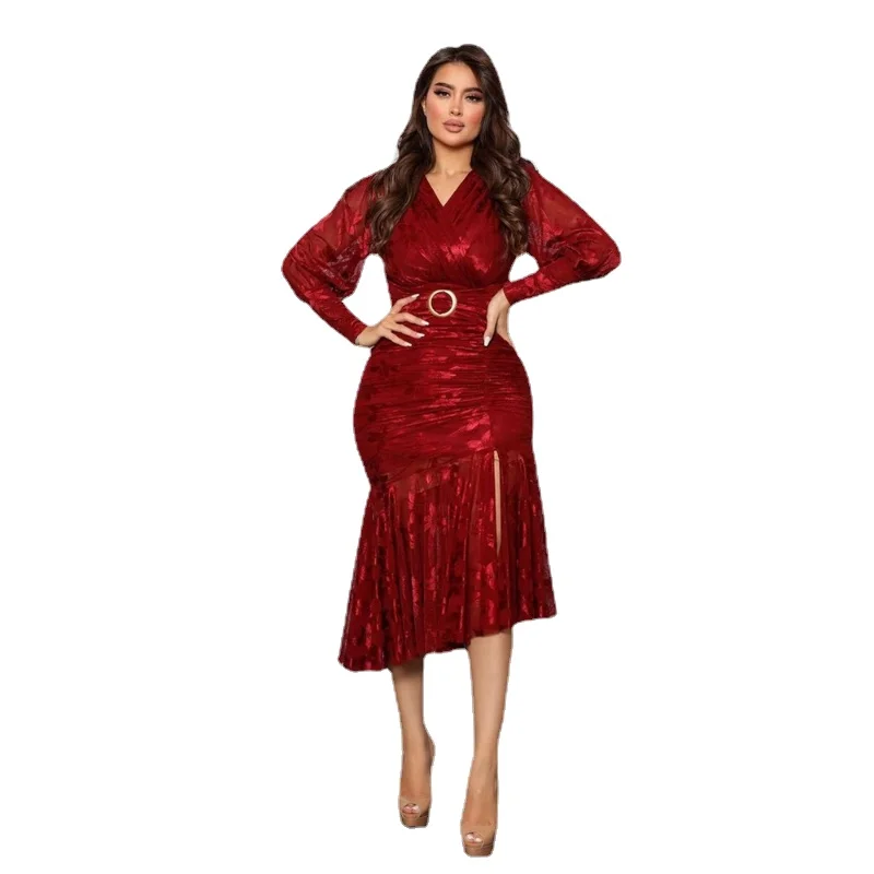 

Autumn Women's Long Sleeve Red Party Dress Sexy Wrap Bandage V Neck Draped Party Celebrity Evening Split Club Maxi Mermaid Dress