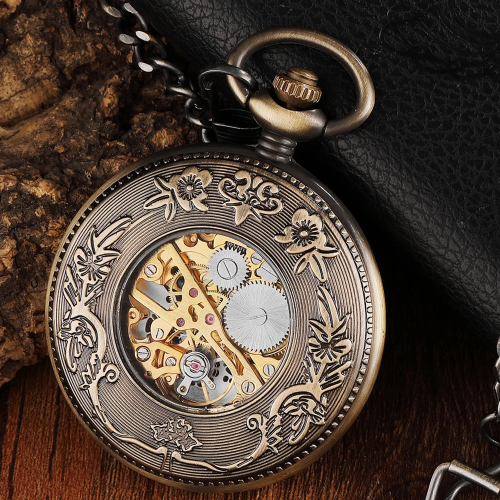 Bronze Retro Mechanical Pocket Watches Unique Wood Circel Gear Dial Men Engraved Fob Hand Wind Steampunk Clock Women Box reloj