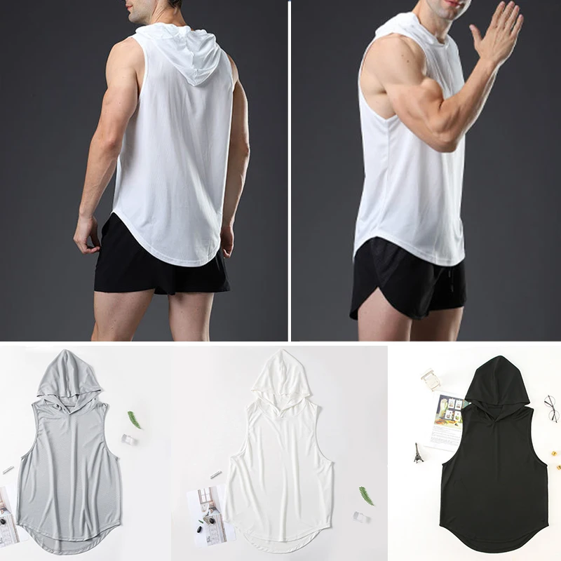

Men's Hoodie T-Shirts Plain Gym Muscle Vest Running Sleeveless Quick Dry Summer Tank Top Hooded Sweatshirts Male Sports Tee