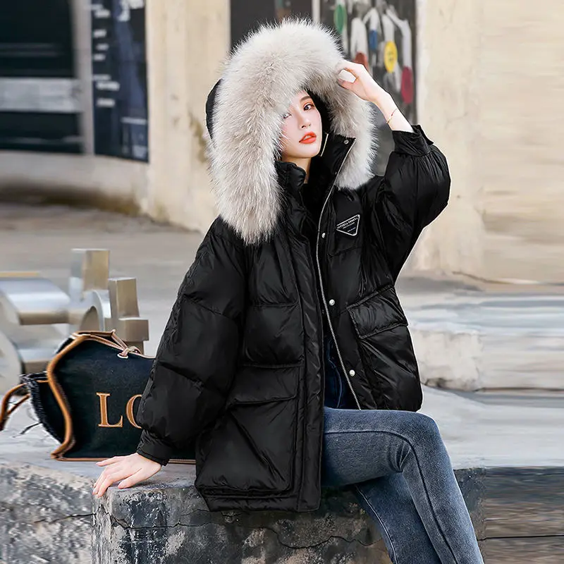 New Winter Coat for Women Coats Parkas Jackets Hooded Cotton Padded Jacket Korean Fashion Large Fur Collar Spliced Letters Loose