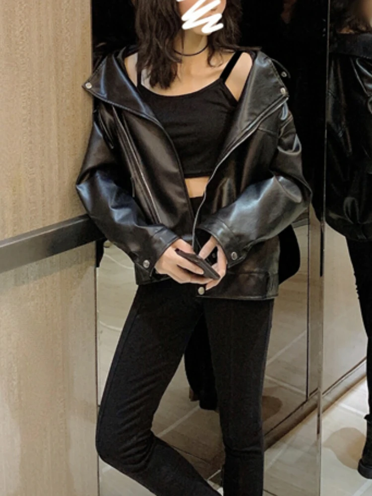Black Korean Faux Leather Jacket Women Winter Loose Asymmetric Zip Leather Jackets Ladies 2022 Autumn Fashion Outerwear Chic Top
