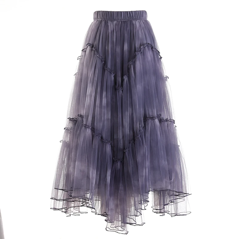 

PHOEBE HZ 2023 Early Autumn New Style Gradual Change Mew Mesh Skirt Female High Waist Slimming Irregular Ruffled Skirt Women