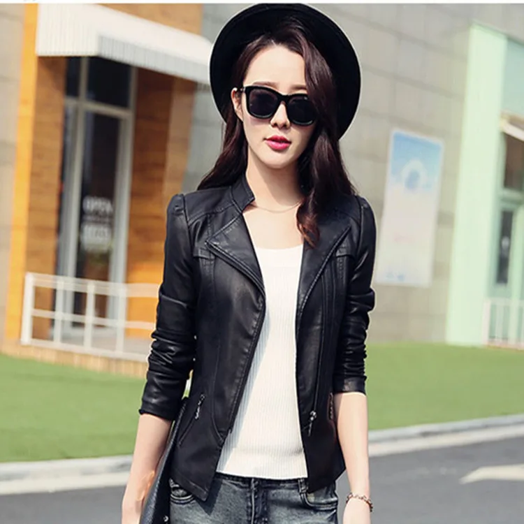 Women's Leather Jacket Short Black Thin Motorcycle PU Leather Jacket Women's Small Leather Jacket Leather Jacket Gray Grey