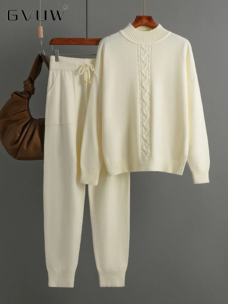 

GVUW Women's Knitted Two Piece Set Autumn New 2023 Solid Twists Mock Neck Casual Sweater Drawstring Pencil Pants Female 17G2291