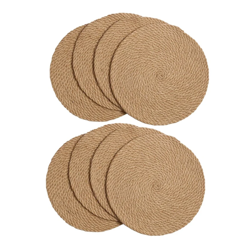 

Round Braided Placemats Set of 8 Natural Jute Handmade 11.8 Inch Heat Resistant Thick Hot Pads Mats