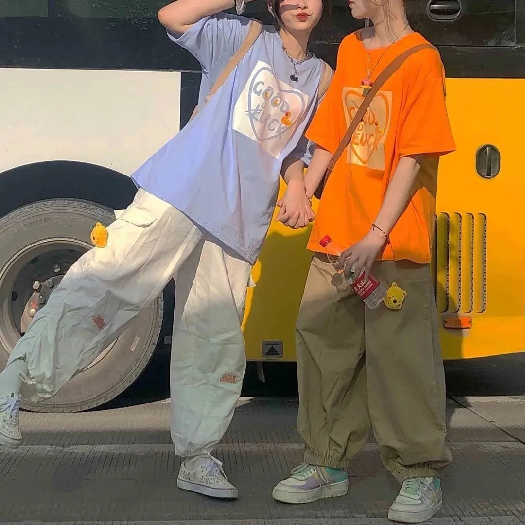 

Y2k Casual Korean Loose Wide Leg Straight Hearm Pants Suit Oversized Cartoon Print T-shirts Chic Cute Street Summer 2 Piece Sets