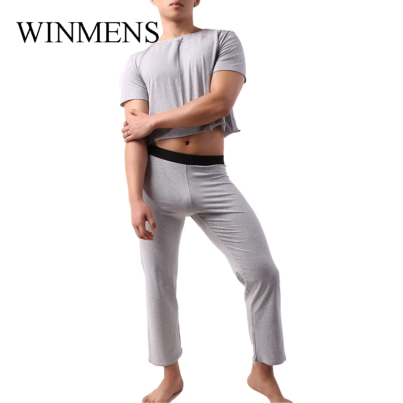 Men's Cotton Pajama Set Youth Midriff-baring Tops+Long Pants Loungewear Male Comfortable Homewear Causual Clothing For Gym