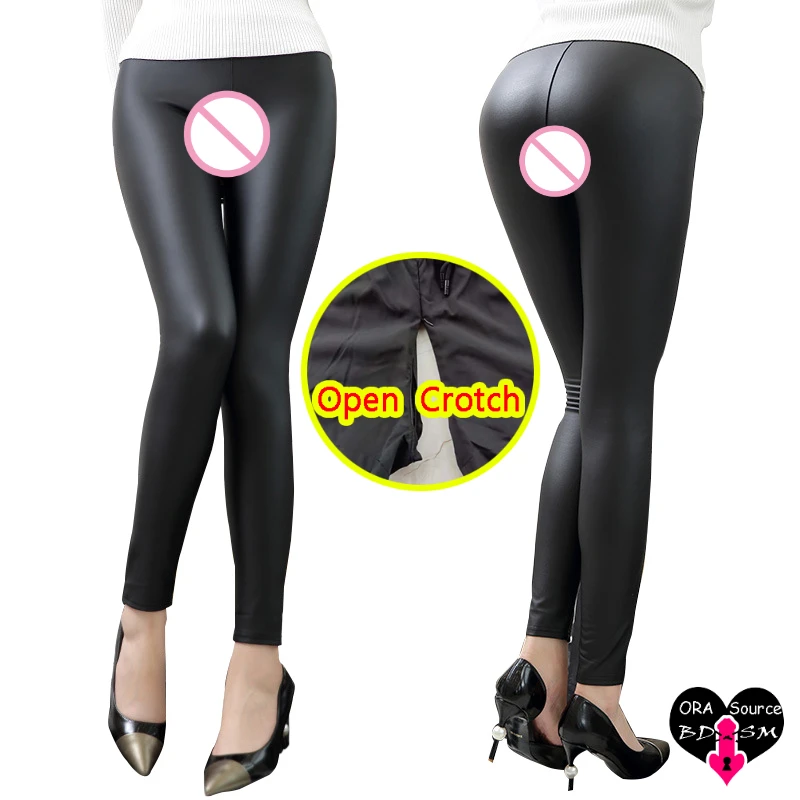 High Rise Woman Open Crotch PU Leggings Slim Crotchless Sweatpants Leather Long Pant Gym Light Elastic Goth Outdoor Sex Costume