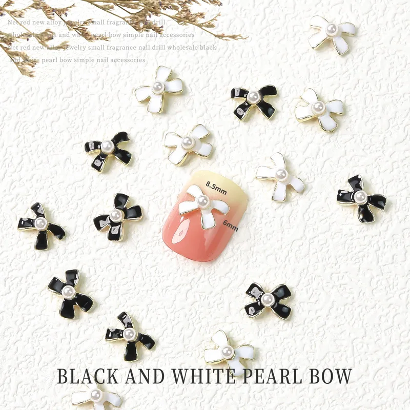 

New Nail Enhancements Popular Dropping Oil Black and White Pearl Bow Simple Fashion Alloy DIY Accessories French Style Nail Art