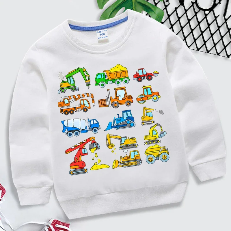 

Excavator Print Hoodies Girls Boys Cartoon Waterwheel & Bulldozer Sweatshirts Kids Color Car Hoodies 2023 Children's Clothing