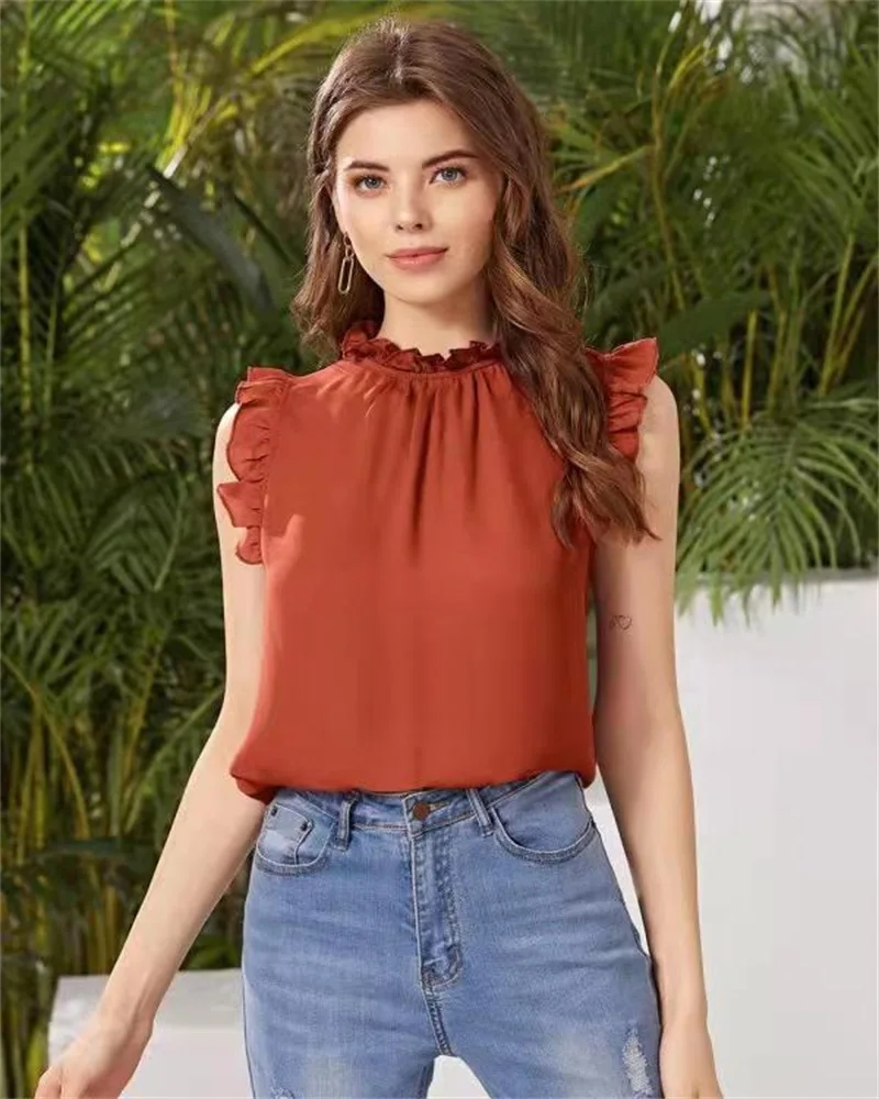

Fashion Solid Ruffle Women Shirts Sleeveless Streetwear Casual Office Lady Female Tops for Summer 2022