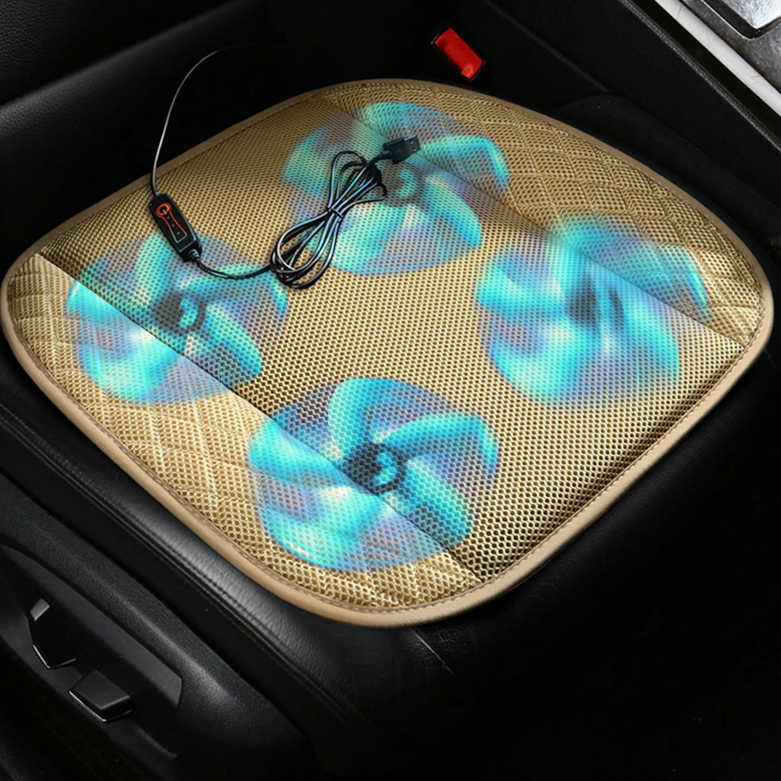 12V Cooling Car Seat Cushion Cover With Air Ventilated Fan Conditioned Cooler Pad With 5 Built-in Fan USB port-powered Fan Seat