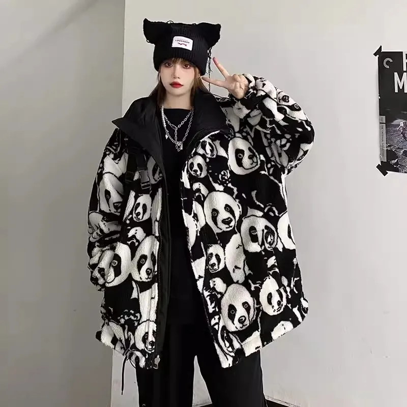 Куртка Y2k Женская флисовая с принтом панды Повседневная Верхняя одежда на молнии