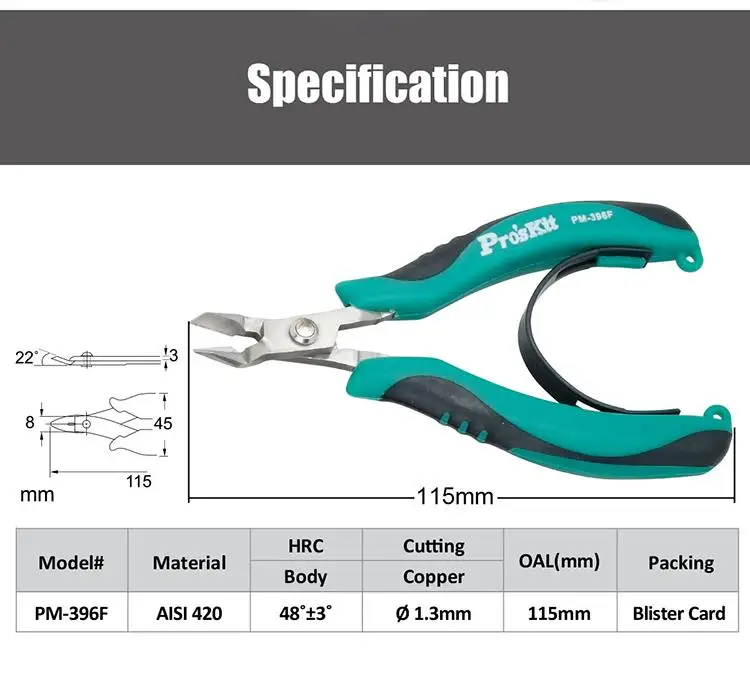

Pro'skit PM-396F/G/H/I, нержавеющая сталь, нержавеющая сталь, промышленный класс, высокая твердость, диагональные режущие плоскогубцы