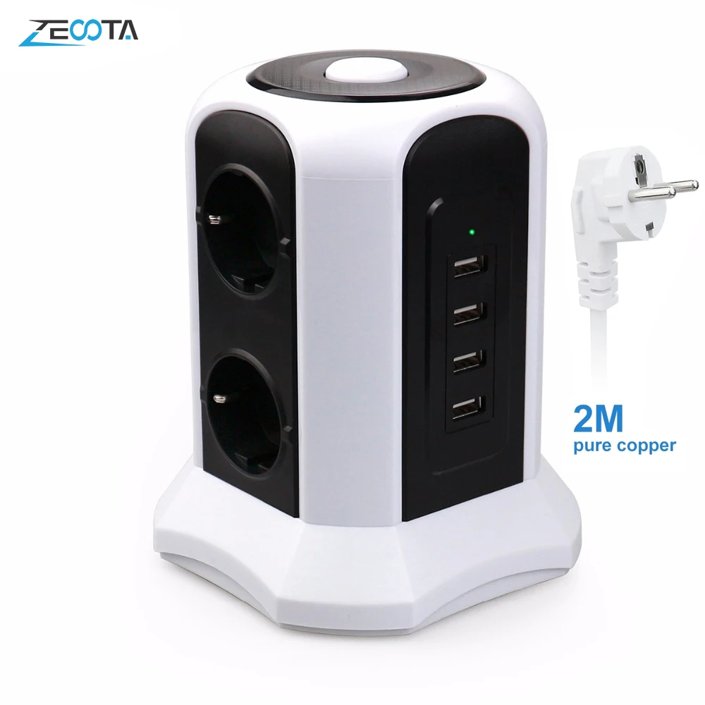 

Tower Power Strip Vertical Surge Protection 6 way EU Outlets Plug Socket with USB Switch Overload Protector 2m Extension Cord