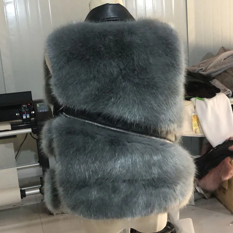 Parkas Womens Outdoors Coats Jackets Vests 2022 Faux Fur Imitation Fox Hair PU zipper Splicing Irregular Fashion Waistcoat Woman