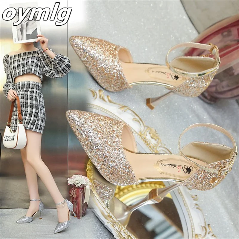 

2022 spring new pointed toe shoes women's black one word buckle thick heel high heels sexy women's shoes women shoes high heel