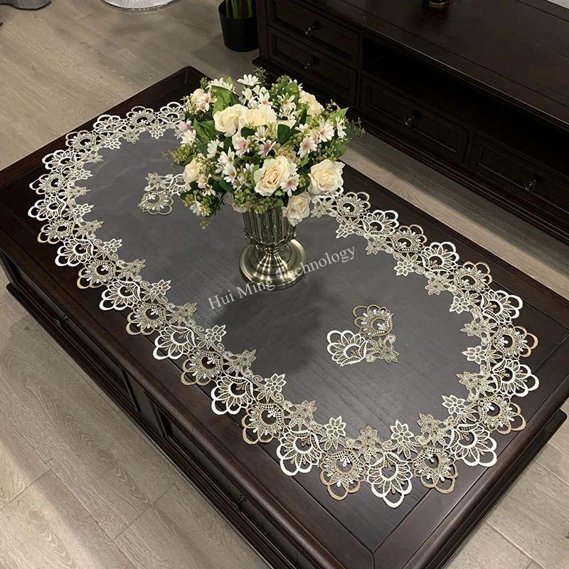 European Embroidered Polyester Yarn Flower Fabric Living Room Table Mat Lace Modern