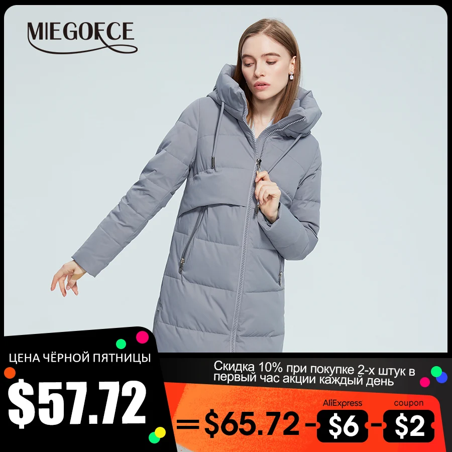 

MIEGOFCE 2022 Новая коллекция зимняя женская куртка воротник-стойка с капюшоном карман с молнией теплая длинная ветрозащитная пиджак имеет по бо...
