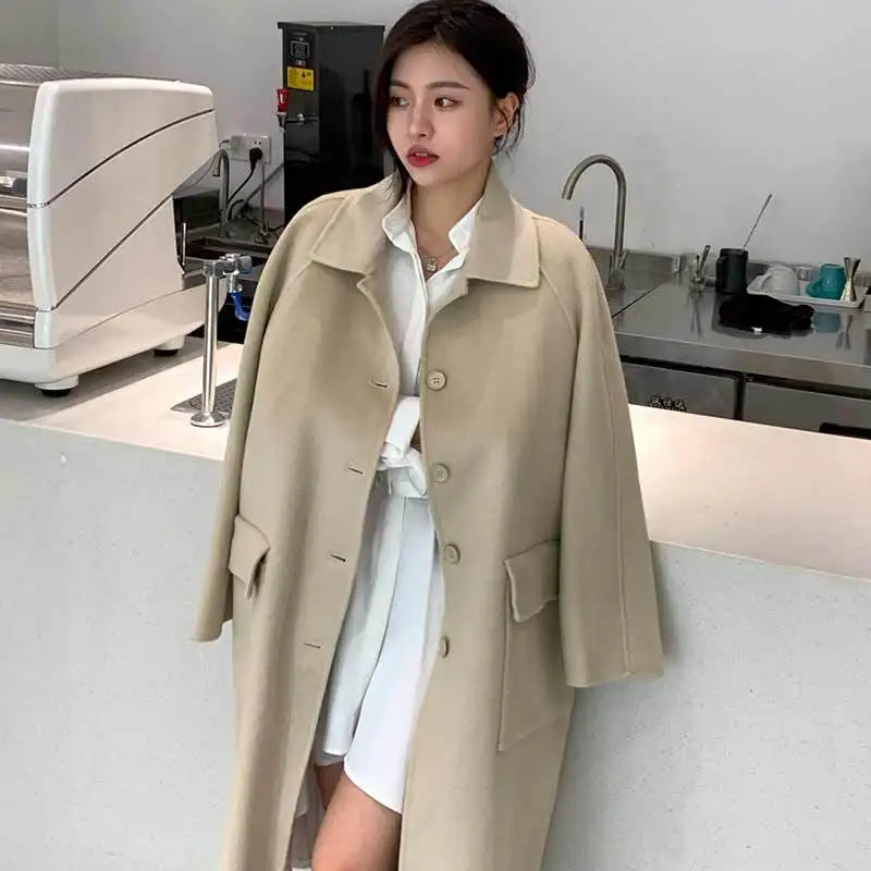 

Двустороннее шерстяное пальто, женское корейское пальто средней длины, зимнее шерстяное пальто в стиле Хепберн с большими карманами