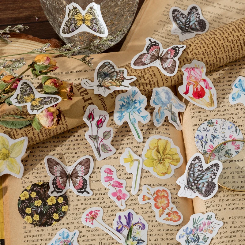 

46pcs Butterfly Iris Sticker Plant Nature Flower Decorative Scrapbooking DIY Label Diary Stationery Album Kid Toy Sticky