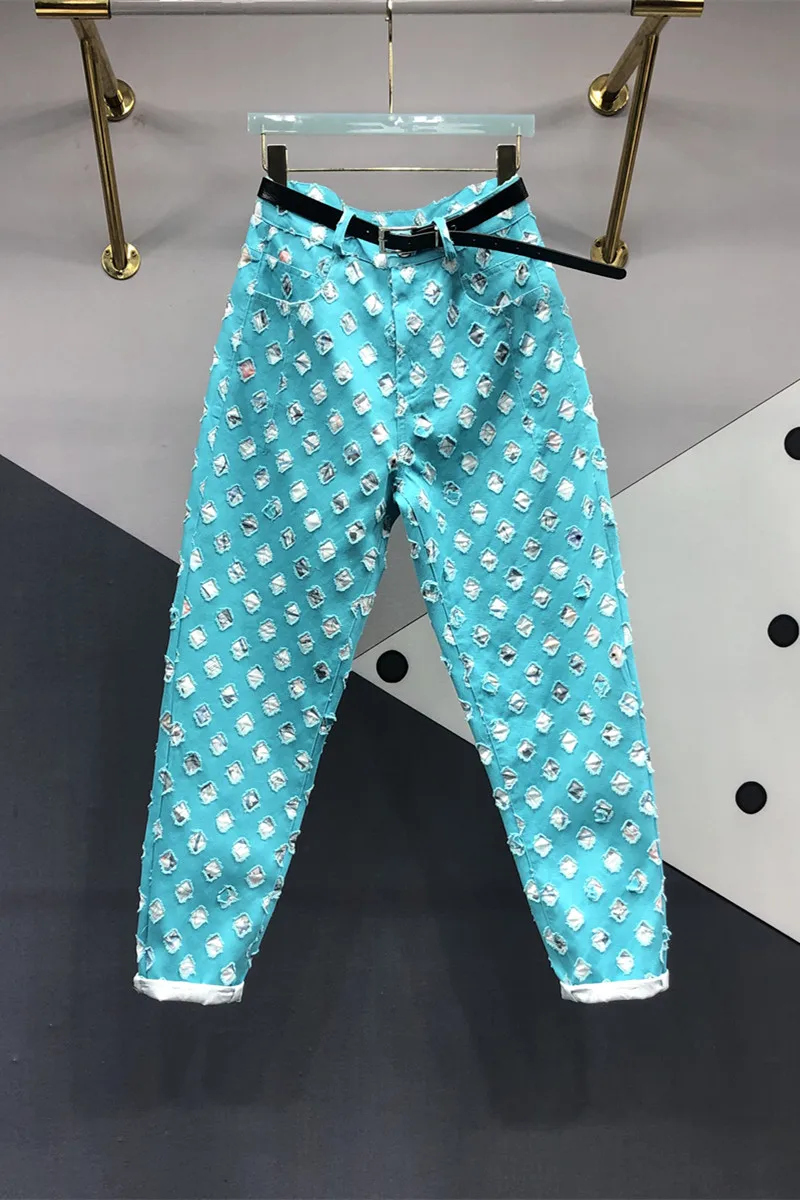 Sky Blue Hole Patch Jeans Women 2023 Spring Summer New Fashion High Waisted Jeans Slim Ankle-Tied Denim Harem Pants Streetwear