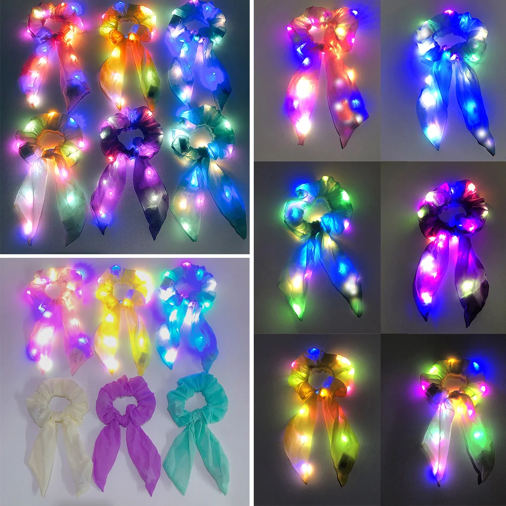 

LED Luminous Colorful Intestine Hair Ring Net Red Head Rope Bungee Hair Rope Korean Simple Rubber Band Hair Accessories