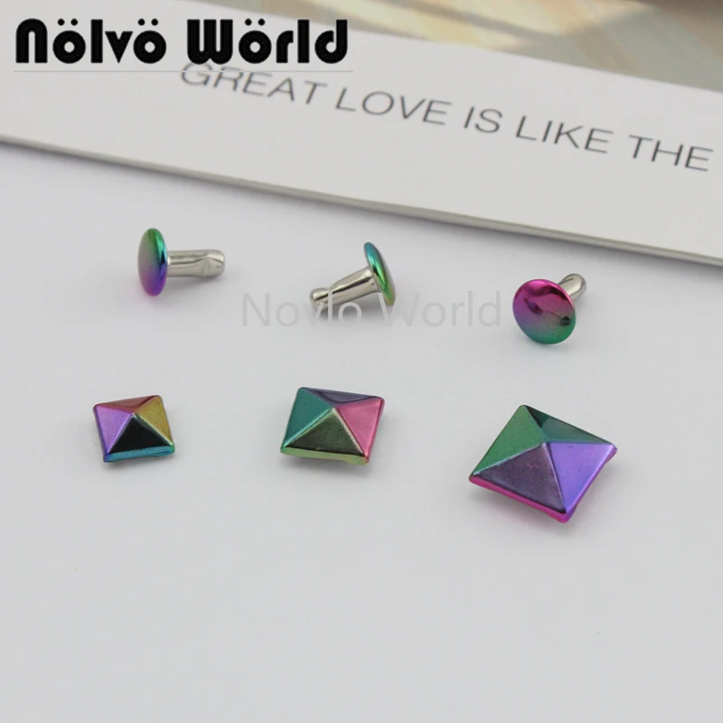 

50-100 pieces,9X9mm 10X8mm 12X8mm high fashion rainbow finish 2 caps pyramid rivet fasten,dog leash straps rivets bags stud