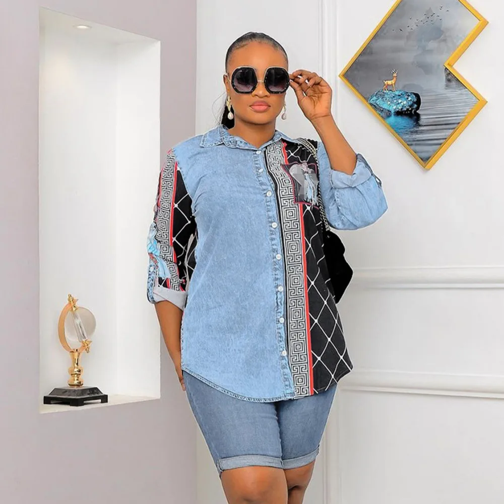 

Casual Long Sleeve Shirt Single Breasted Straight Plaid Blouse Denim Patchwork Denim Mid-length Tops Women 2022 Trendy Fashion
