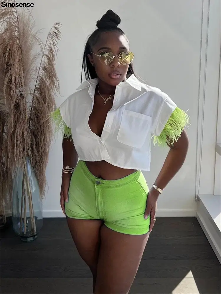 

Women Two Piece Set Sexy Feather Fringe Short Sleeve Shirt Crop Top+Bodycon Shorts Sets Summer Streetwear Club Party Outfits