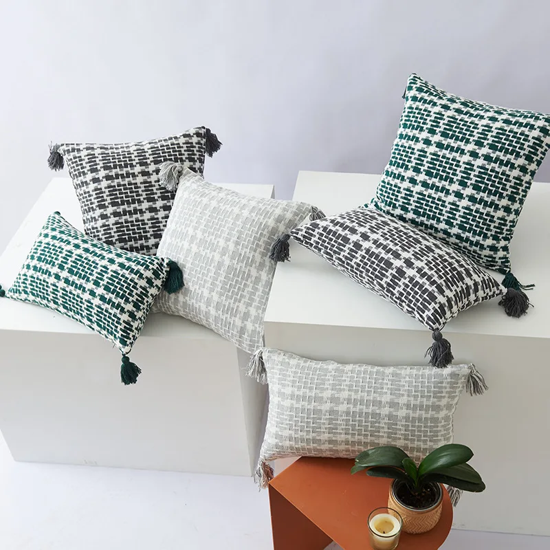 Thousand-bird Grid Two-color Woven Throw Pillow Terylene Cotton Tassel Double-sided Office Ins Sand Hair Cushion Pillow Cover